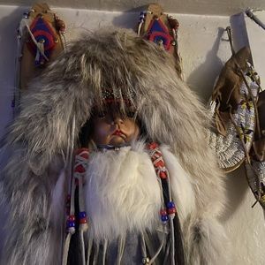 Papoose Native Child 43” Ceramic face exquisite fur and bead work Certified
